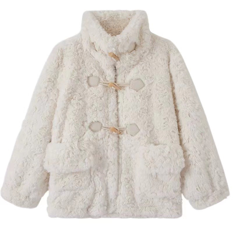 Quilted Horn Button Lamb Wool Coat For Women