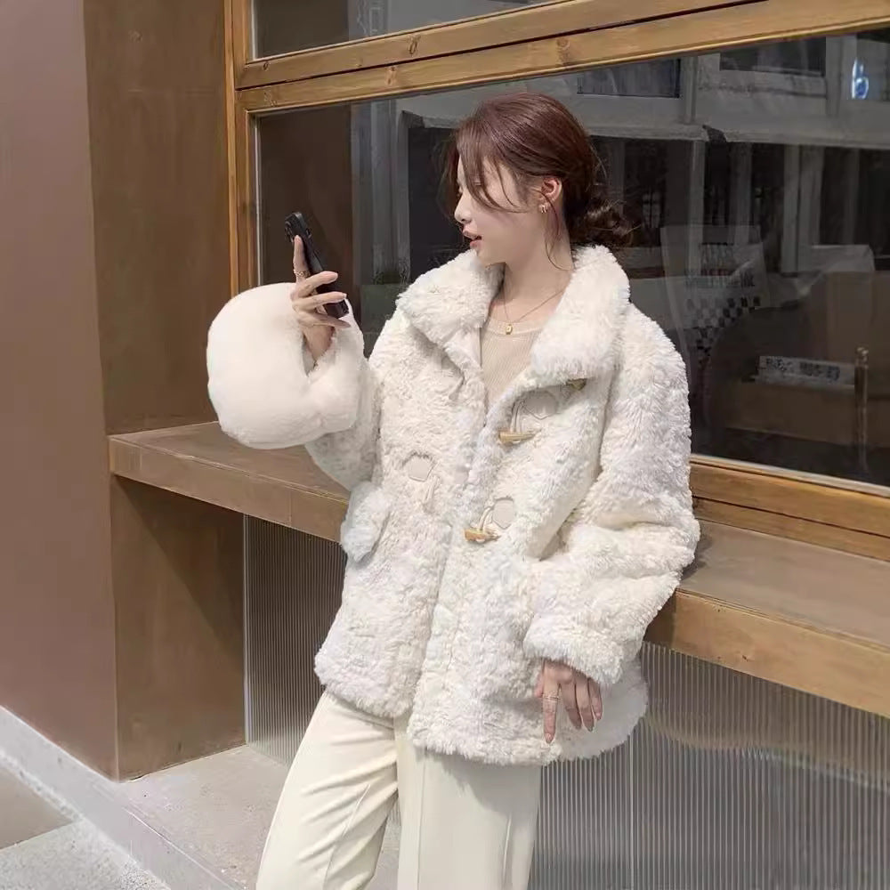 Quilted Horn Button Lamb Wool Coat For Women