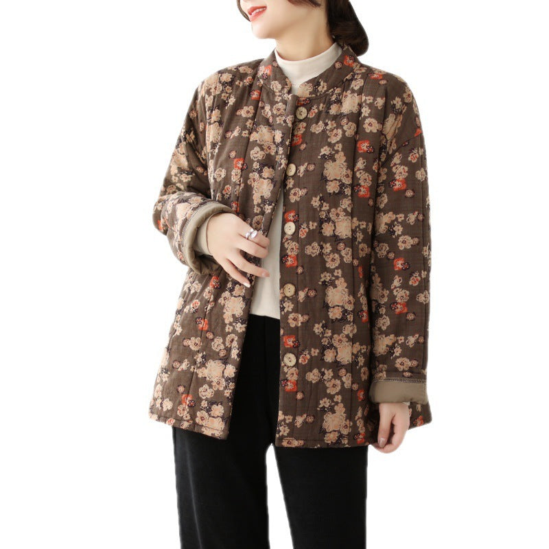 Floral Stand Collar Loose And Warm Cotton-padded Coat