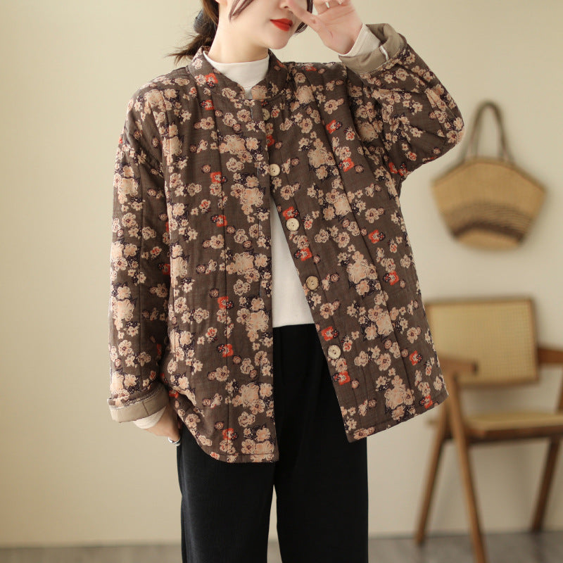 Floral Stand Collar Loose And Warm Cotton-padded Coat